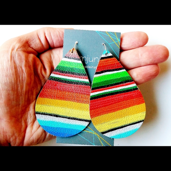 Serape Stripe Earrings Handmade Leather Jewelry - Picture 5 of 9